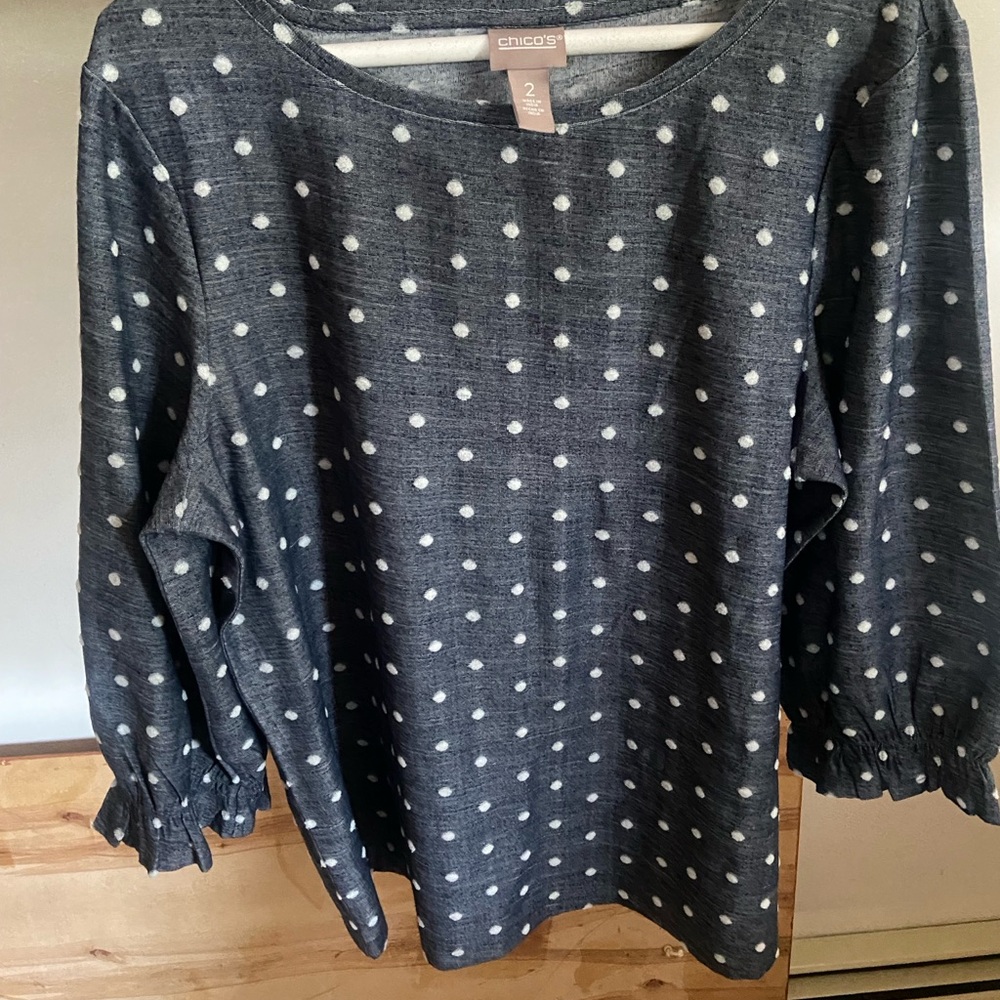 Chico's Blue Puff Sleeve Blouse with Ruffled Boxy Style